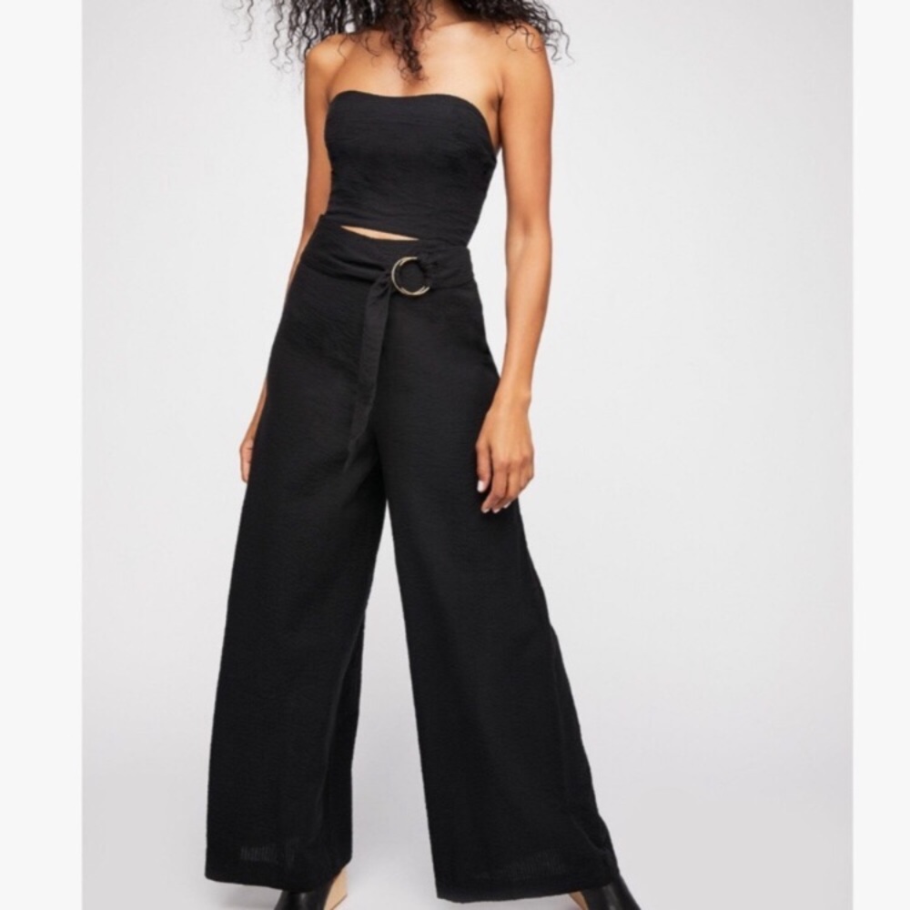 FREE PEOPLE BLACK EASY STREET TEXTURED JUMPSUIT